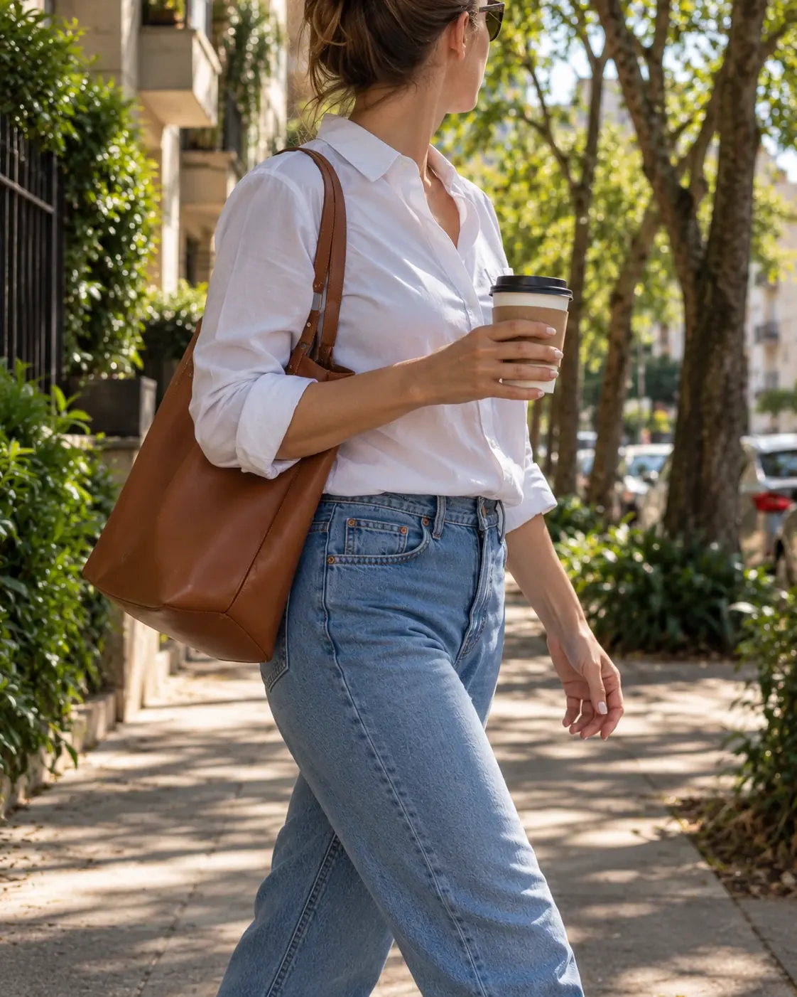 Mulher caminhando por uma rua arborizada, de camisa branca e bolsa de couro, com um copo de café na mão